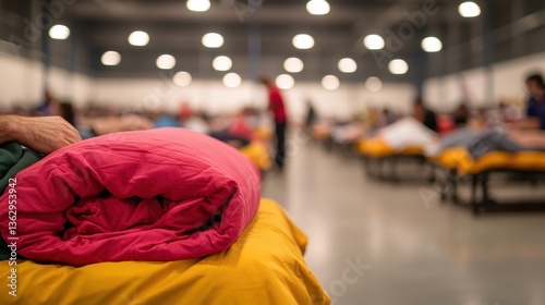 Homeless shelter support Concept, Inside a Temporary Shelter with People Resting Comfortably on Cots During a Humanitarian Crisis