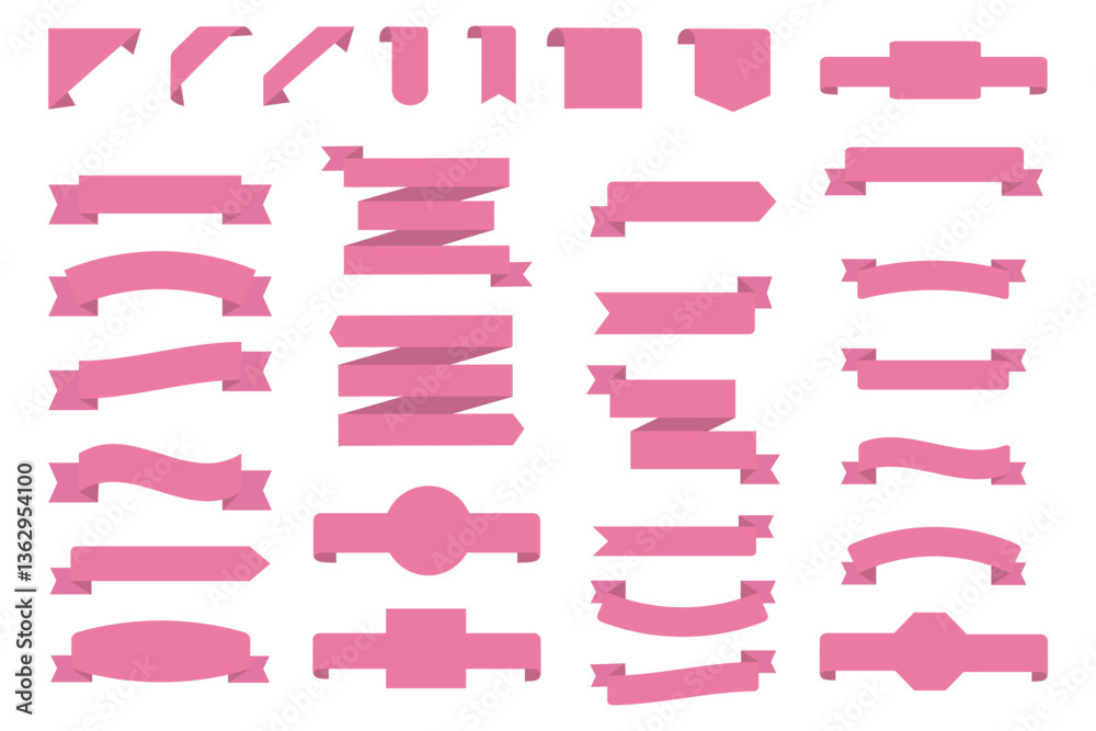 Collection of pink ribbons in various shapes and styles, perfect for banners, labels, and decorative elements. Collection of pink ribbons in various shapes and styles, perfect for banners, labels, and decorative elements.