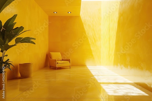 Bright Yellow Room Interior, Minimalist Armchair, Potted Plant, Sunlit Walls, Modern Design