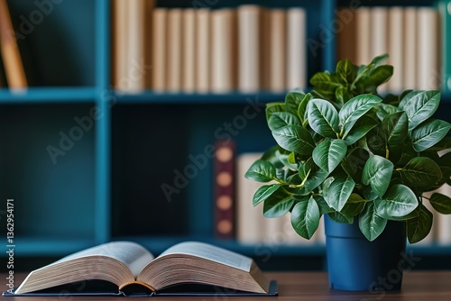 Open Book on Table with Plant and Bookshelf in Background, Academic Atmosphere Still