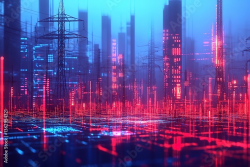 Futuristic Cityscape at Night with Power Lines, Red and Blue Light Reflections, Abstract