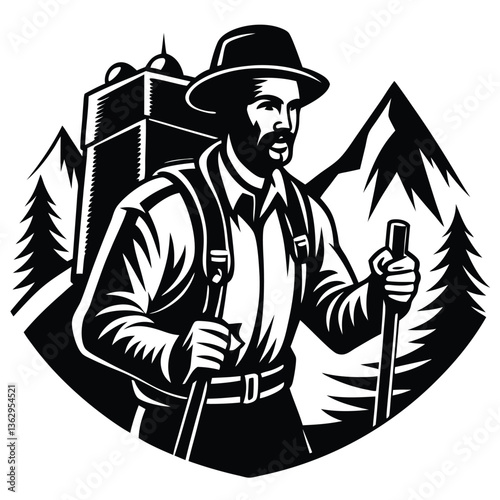 hiking man on white background