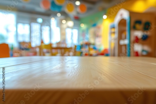 Soft Focus Wooden Table in a Playroom Setting with Light Interior and Bright Colors