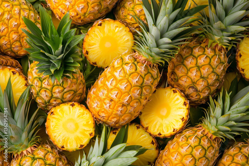 Freshly harvested pineapples arranged on a vibrant background