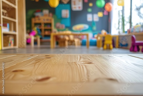 Wooden Tabletop Surface Closeup In A Bright Classroom Interior With Furniture And Decor