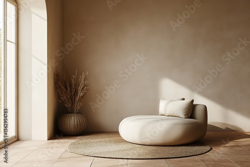 Minimalist Interior with Beige Couch, Rattan Rug, Woven Vase and Natural Light