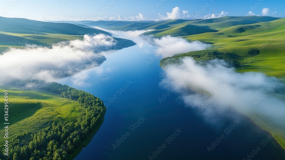 Serene river winding through misty hills. Lush greenery meets tranquil water, surrounded by rolling hills. Misty clouds hug the landscape Serene river winding through misty hills. Lush greenery meets tranquil water, surrounded by rolling hills. Misty clouds hug the landscape
