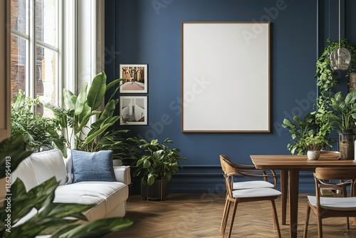 Bright Interior, White Sofa, Wooden Table & Chairs, Blue Walls, Plants, Large Window
