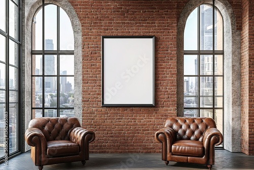Lofty Interior with Leather Chairs, Brick Wall, Blank and Arched Windows