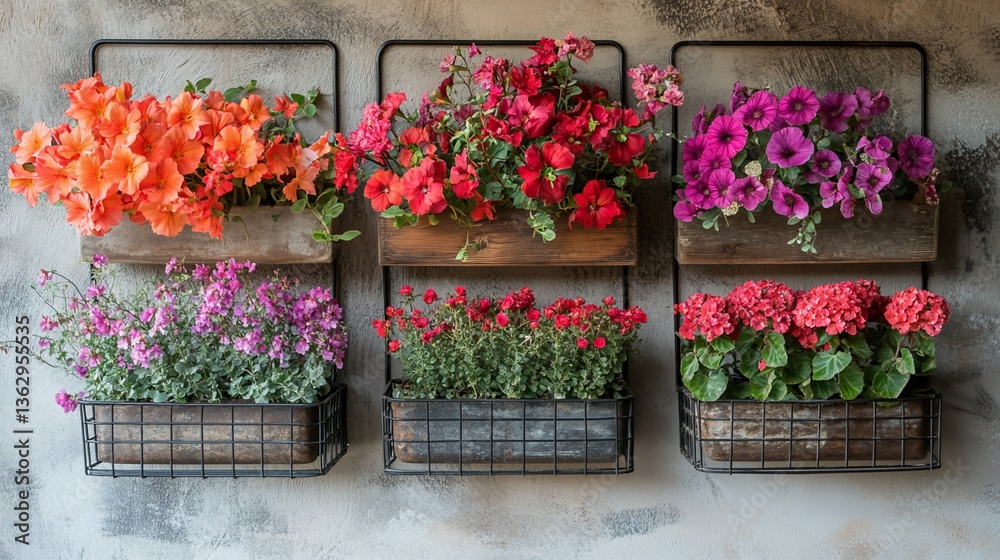 Fototapeta premium Vibrant flower wall planters in rustic wooden boxes & metal frames
