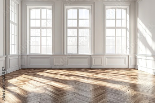 Bright Room Interior, White Walls, Three Large Windows, Herringbone Wood Flooring, Daylight