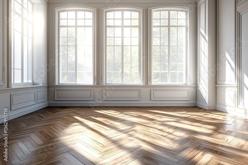 Bright Room Interior with Parquet Flooring, Large Windows, White Walls and Natural Light