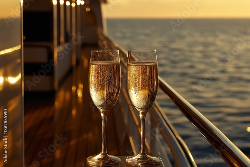 Two Champagne Flutes, Bubbles Inside, Golden Sunset, Ocean Backdrop, Yacht Railing