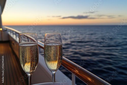 Two Champagne Flutes With Bubbles on Cruise Deck at Sunset Over Ocean Horizon View