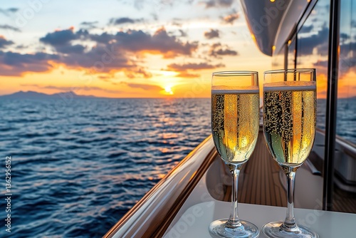 Two Champagne Flutes on Yacht at Sea during Golden Sunset Hour Luxury Lifestyle