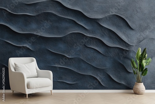 Modern Room White Chair, Indoor Plant, Wave Texture Dark Blue Wall, Wooden Floor