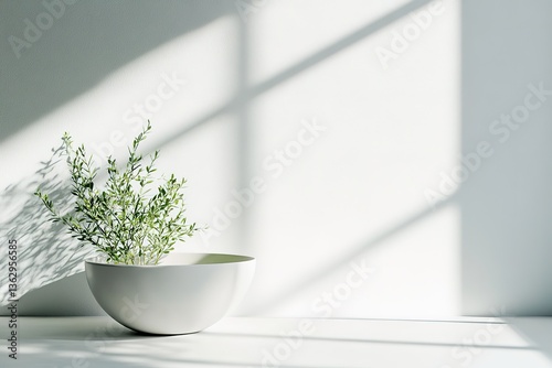 Potted Plant on Table with Shadow Overlay, Minimalist White Background, Copy Space
