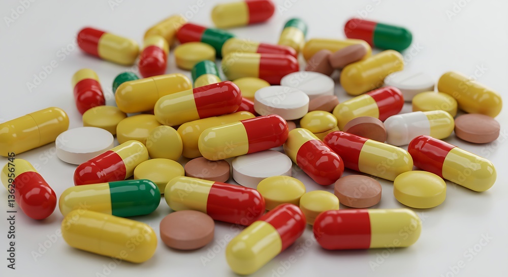 A close-up of colorful capsules and tablets scattered across a clean white surface. A close-up of colorful capsules and tablets scattered across a clean white surface.