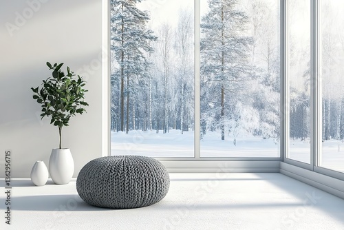 Modern Interior with Gray Pouf, White Vases, and Winter Forest View Through Window