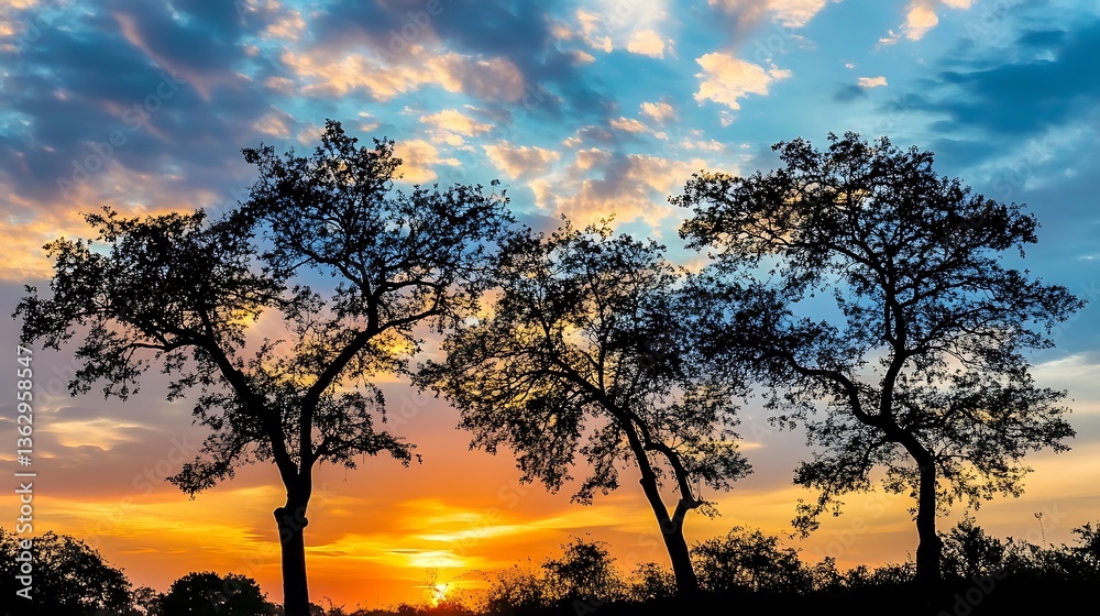 Fototapeta premium Brilliant hues of sunset painting the sky with darkened tree silhouettes in contrast
