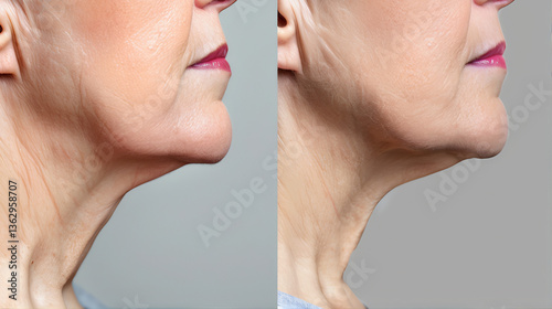 close-up of before and after comparison of mature woman's neck and lower face showing skin tightening and anti-aging results effect 