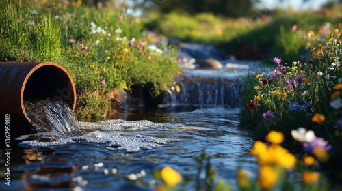 Polluted water flows from an old rusty pipe into a stream surrounded by overgrown grass and wildflowers in a rural area during the afternoon