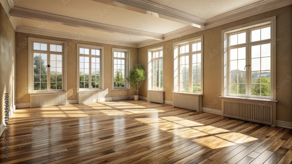 Fototapeta premium Sunlit Empty Room with Hardwood Floors and Large Windows