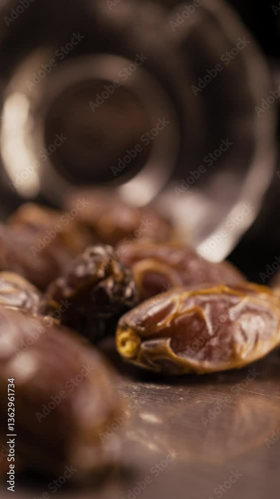 close up dried dates spilling out of glass bowl on table, vegetarian desserts and diet food concept