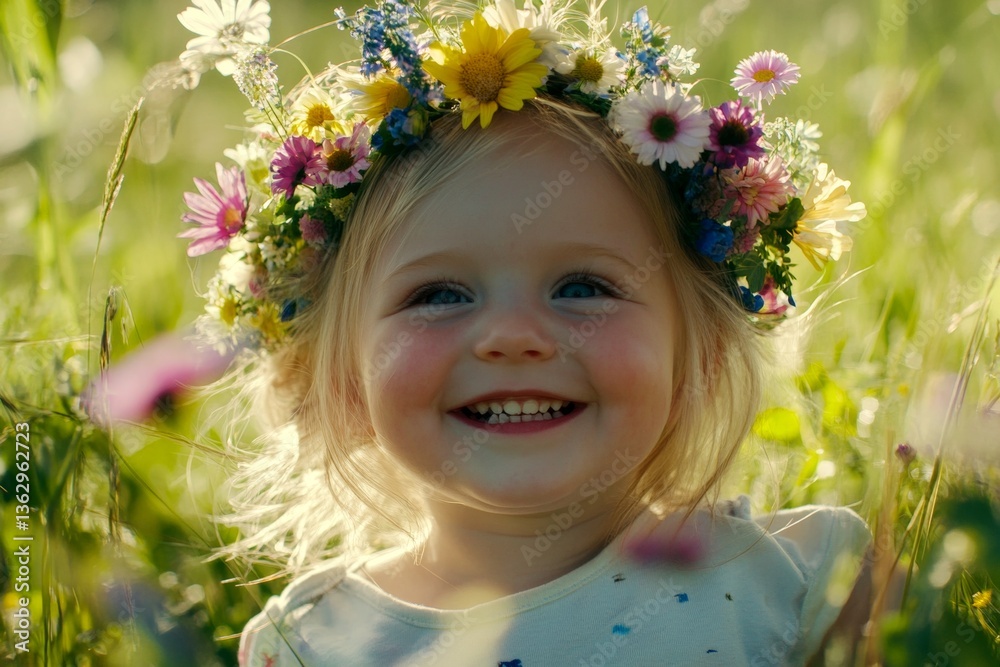 Happy holiday season concept art. Golden sunrise. Happy caucasian toddler girl with blond hair wearing multi-colored flower circlet on her head. Happy little traveler. Happy child in summer. Happy holiday season concept art. Golden sunrise. Happy caucasian toddler girl with blond hair wearing multi-colored flower circlet on her head. Happy little traveler. Happy child in summer.
