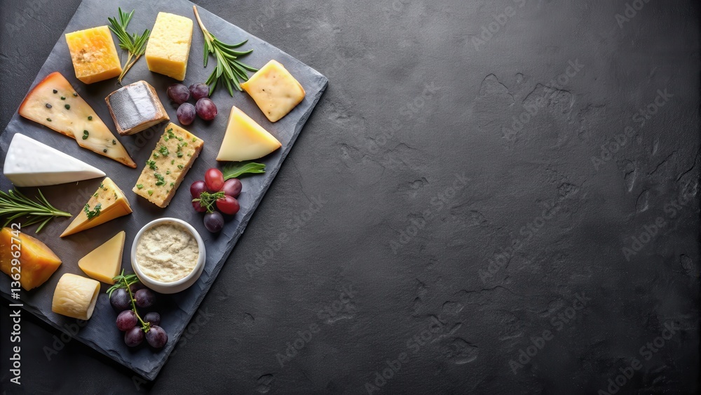 A delectable arrangement of assorted cheeses, complemented by fresh grapes and aromatic herbs, artfully presented on a dark slate serving board. A delectable arrangement of assorted cheeses, complemented by fresh grapes and aromatic herbs, artfully presented on a dark slate serving board.