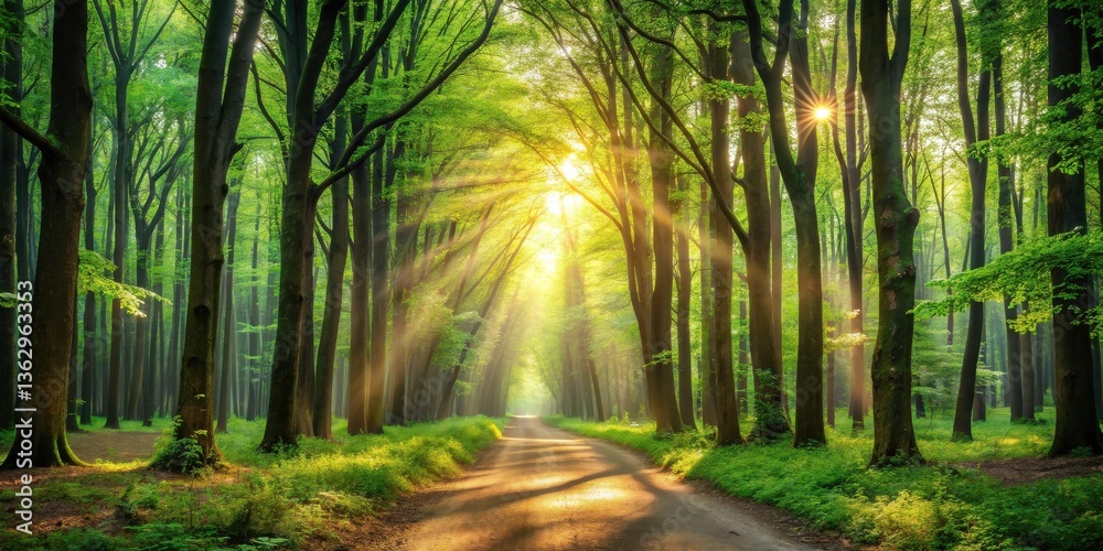 Fototapeta premium Sunbeams Illuminate a Path Through a Lush Green Forest