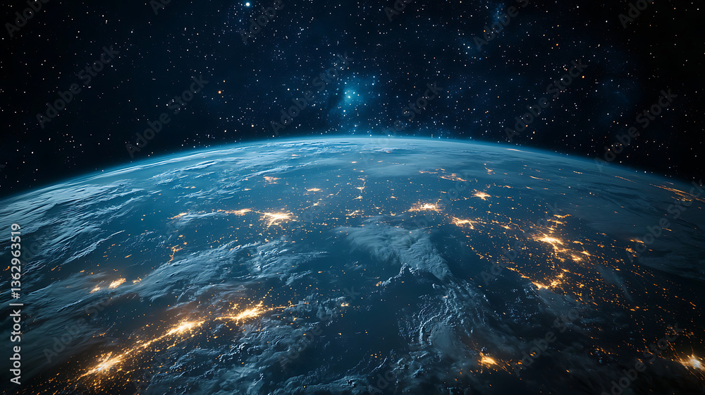 Obraz premium stunning view of planet Earth from space showing illuminated cities across continents under a star-filled sky with visible clouds and the planet’s blue curvature