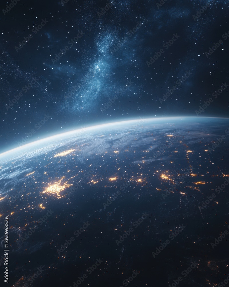 Obraz premium Breathtaking orbital view of Earth at night revealing city lights and the Milky Way galaxy above in space