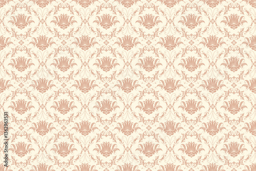 Vintage damask pattern with warm beige and gold hues. A luxurious, ornate design suitable for textiles, wallpaper, and interior decor.