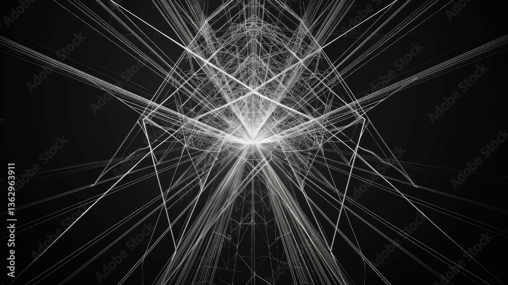 Explore a captivating abstract geometric structure featuring thin angled lines and bright light effects. Perfect for modern design themes. Explore a captivating abstract geometric structure featuring thin angled lines and bright light effects. Perfect for modern design themes.