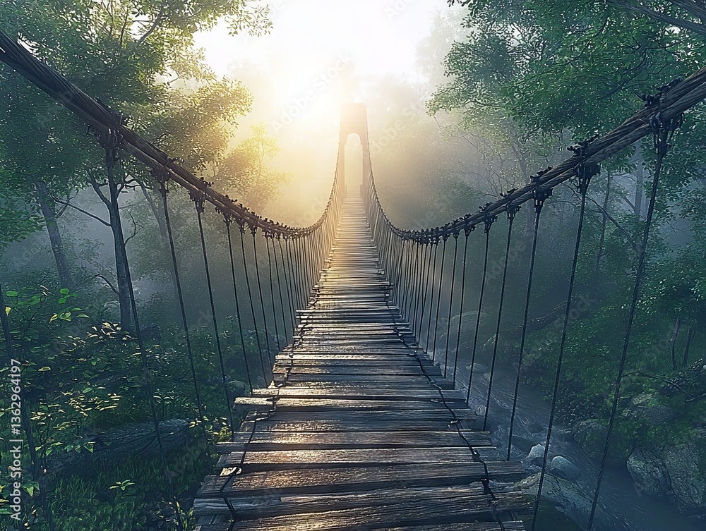 Obraz premium Suspension Bridge in Lush Forest with Misty Atmosphere and Bright Sunlight