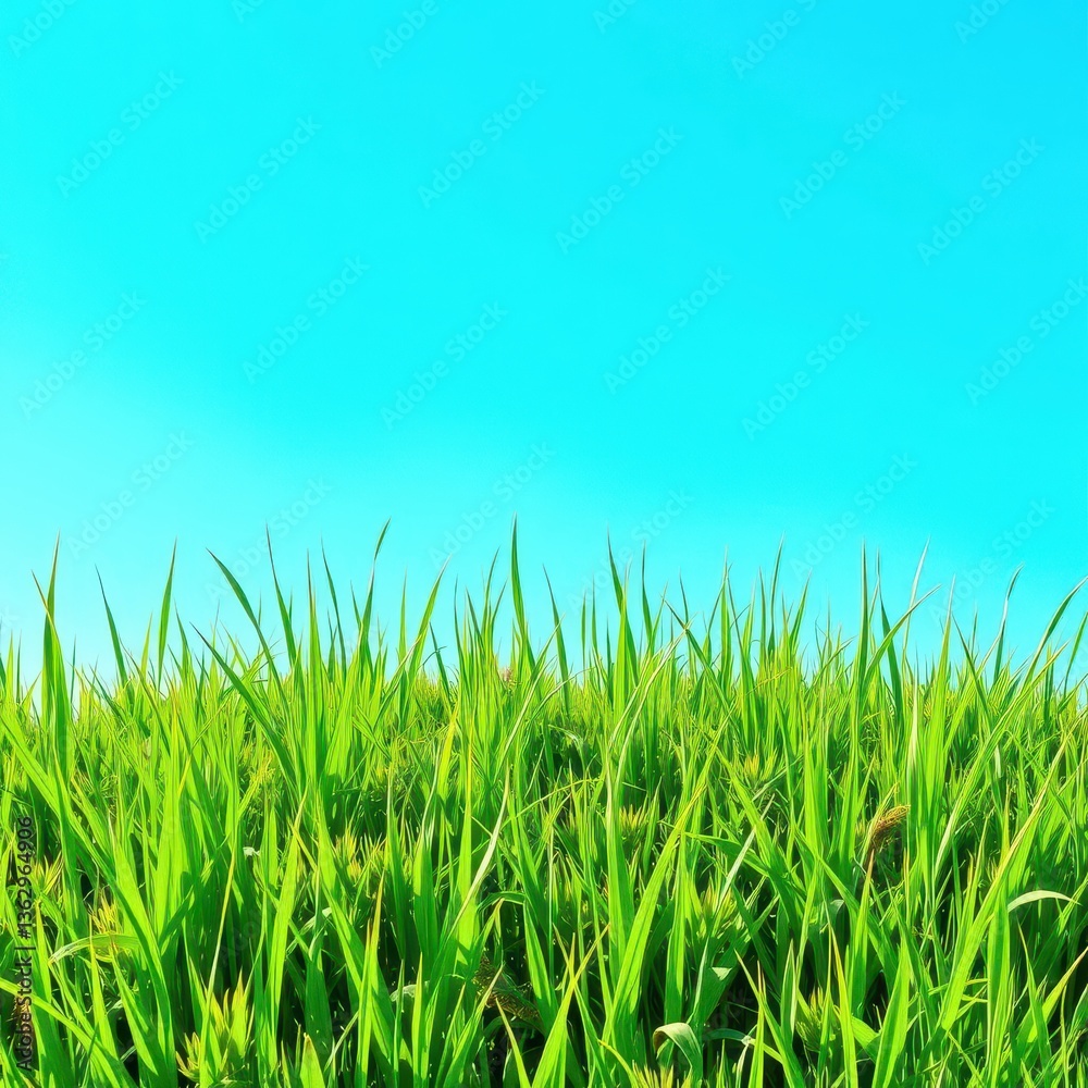 Fototapeta premium Vibrant green grass patch set against a clear blue sky, colorful, natural, element