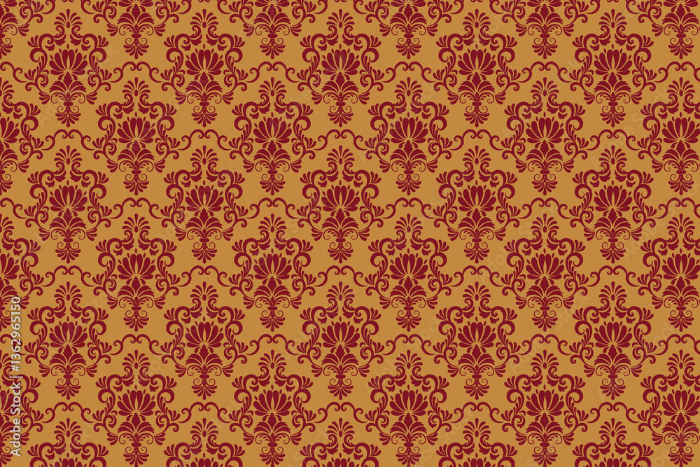 Rich red and gold damask pattern with a royal aesthetic. Perfect for opulent interiors, wallpapers, upholstery, and high-end luxury decor. Rich red and gold damask pattern with a royal aesthetic. Perfect for opulent interiors, wallpapers, upholstery, and high-end luxury decor.
