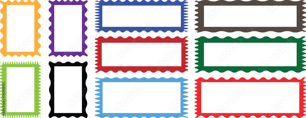 Obraz premium Rectangular and square scalloped frames. scallop edge shape. Set of colorful rectangle frames with wavy borders. Empty text box or web banner templates with soft gradient edges.