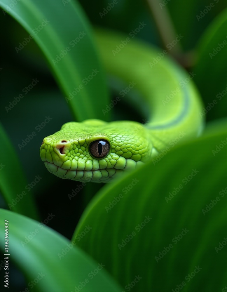 Fototapeta premium A green snake is sitting on a green leaf