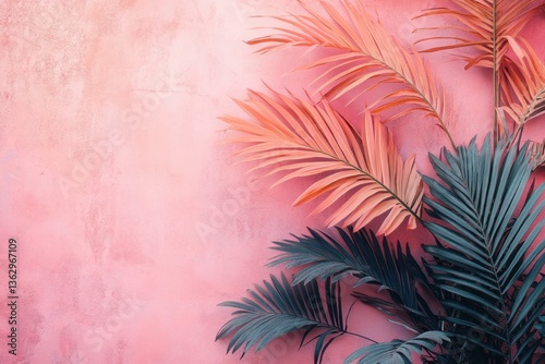 Vibrant coral wall backdrop with exotic palm fronds creating a tropical paradise aesthetic for design projects