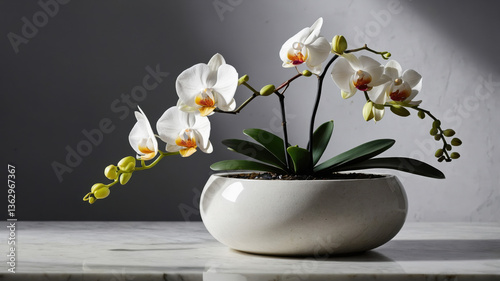 White orchid with orange pistils blooming in a white ceramic pot photo