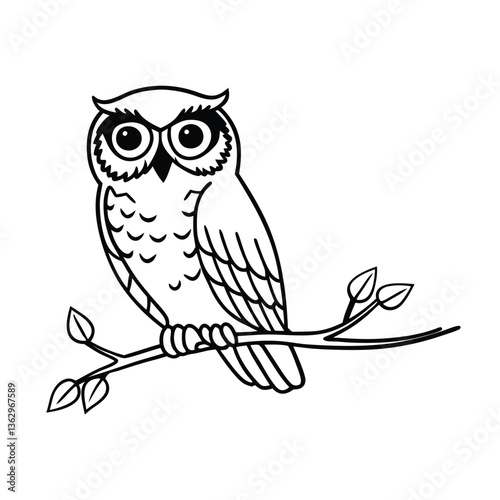 A cute cartoon owl bird with brown wings sits wisely on a tree branch in nature