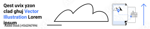 Minimal cloud with stacked files and upward arrow illustrating digital file sharing, data upload, storage, and virtual communication. Ideal for technology, innovation, cloud storage, data security