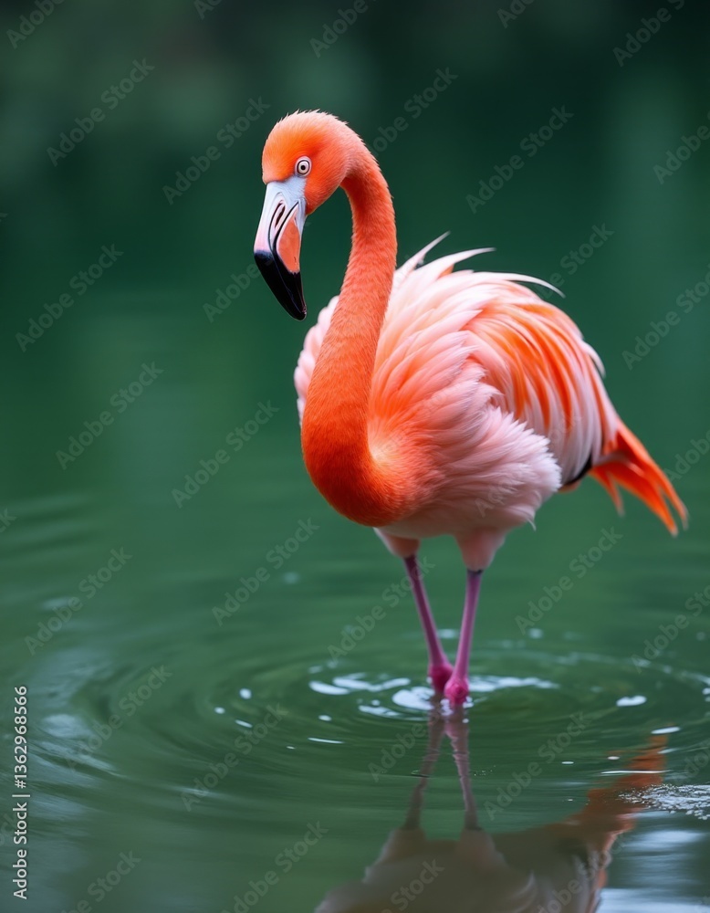 A pink flamingo standing in a body of water A pink flamingo standing in a body of water