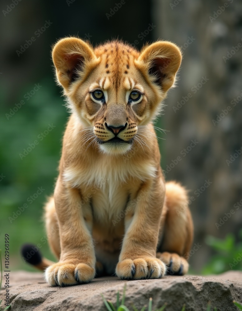 A small lion cub sitting on top of a rock A small lion cub sitting on top of a rock