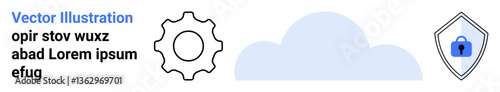 Cloud with gear and shield lock symbols representing data storage, cyber protection, and innovation. Ideal for cybersecurity, technology, privacy assurance, cloud computing, IT solutions, online