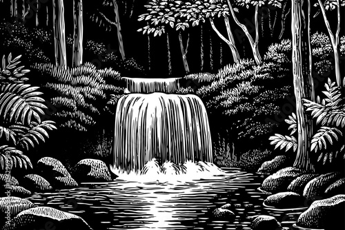 black and white beautiful deep forest waterfall in Thailand landscape