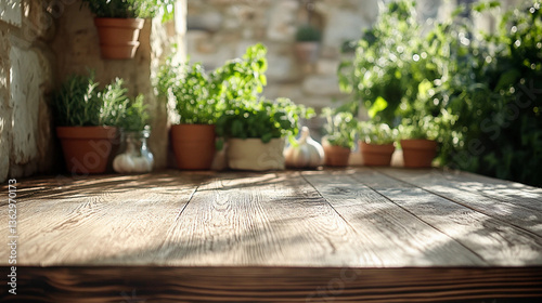 Cozy kitchen with sunlit wooden table and potted herbs. Mediterranean or Italian style, Windowsill and stone-lined wall, organic plants, Aromatic herbs. Products display, mockup