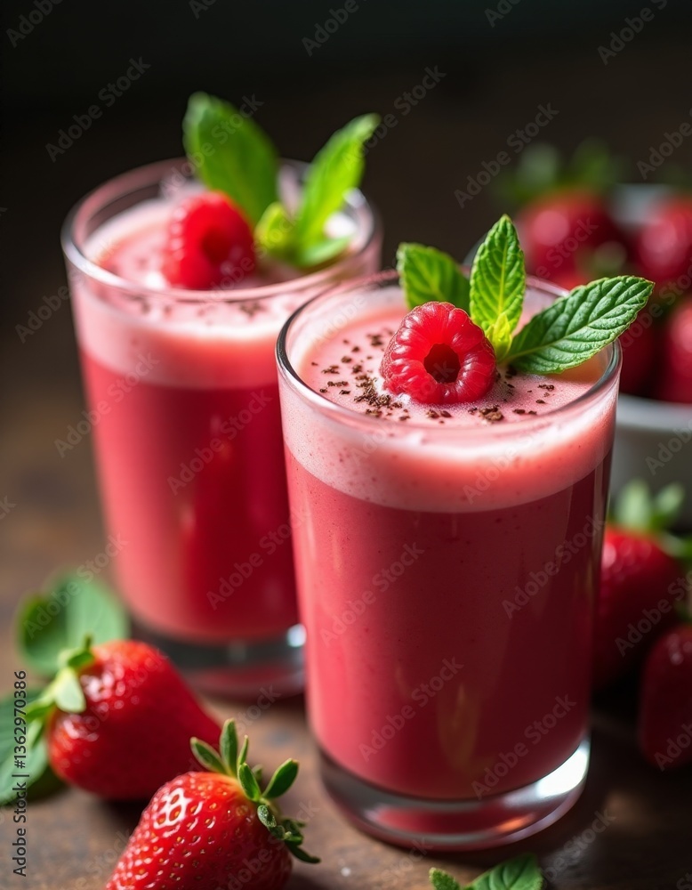 two glasses of raspberry smoothie with fresh strawberries and mint leaves two glasses of raspberry smoothie with fresh strawberries and mint leaves